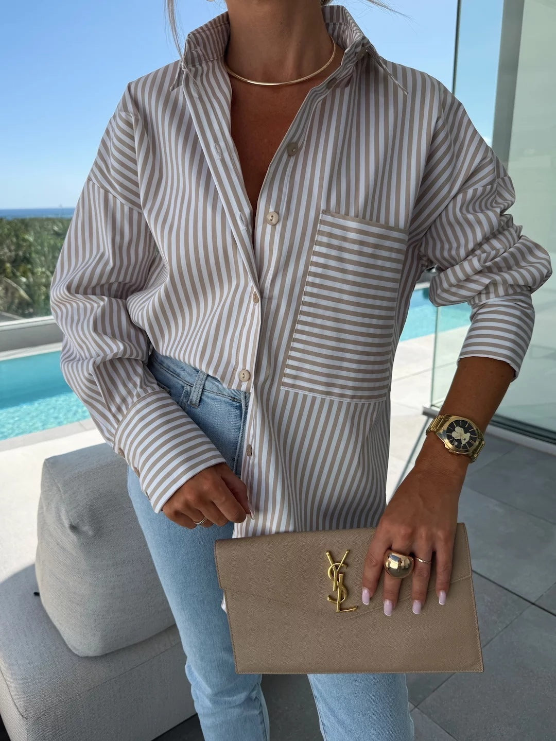 Casual Button Striped Printed Long Sleeves Shirt