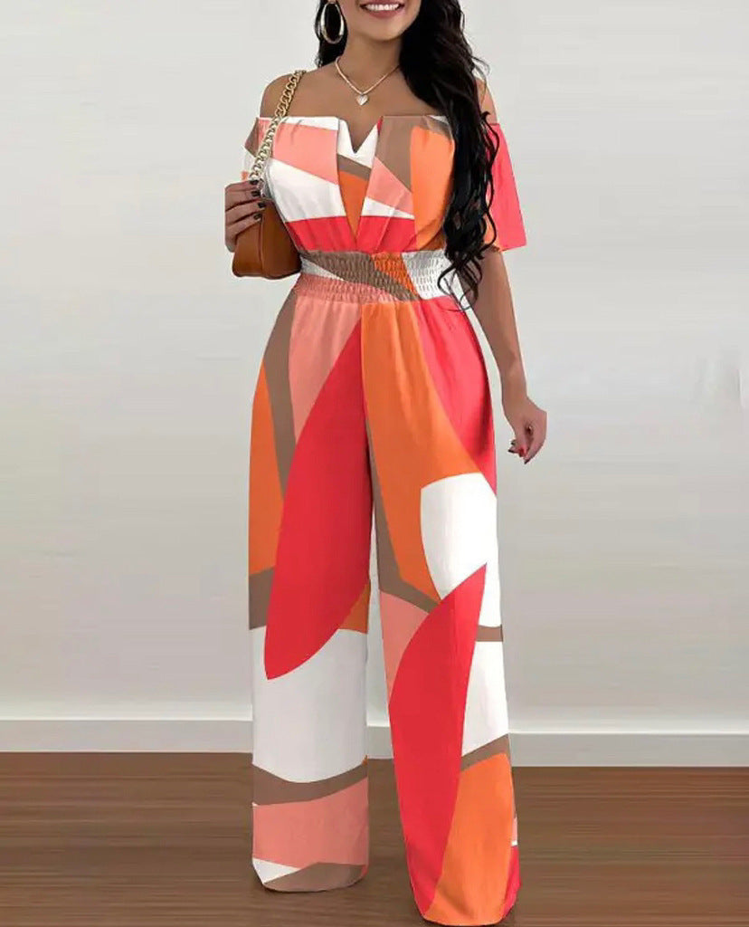Printed Off-shoulder Fitted Waist Jumpsuit