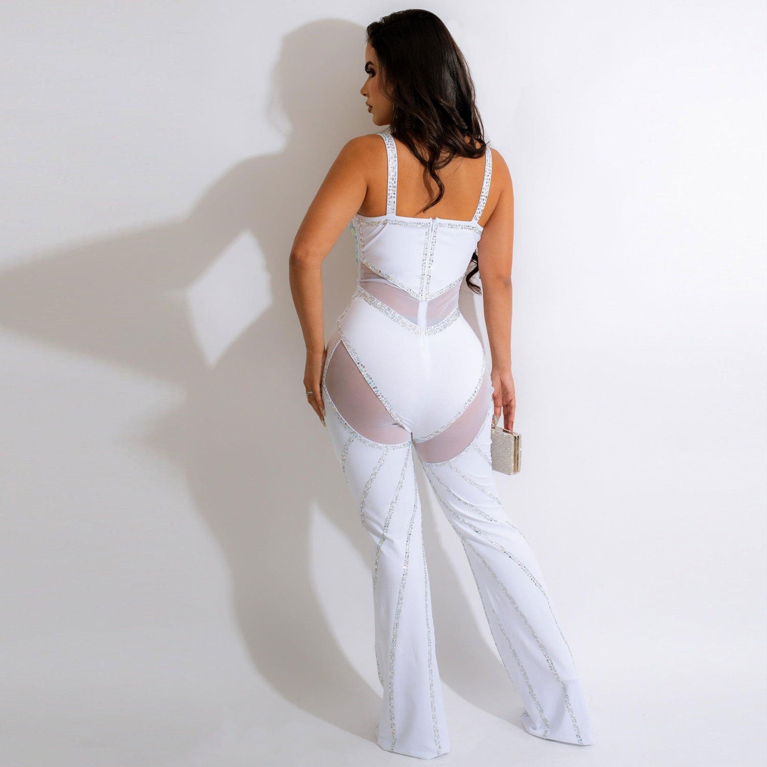 See-through Deep V Rhinestone Jumpsuit