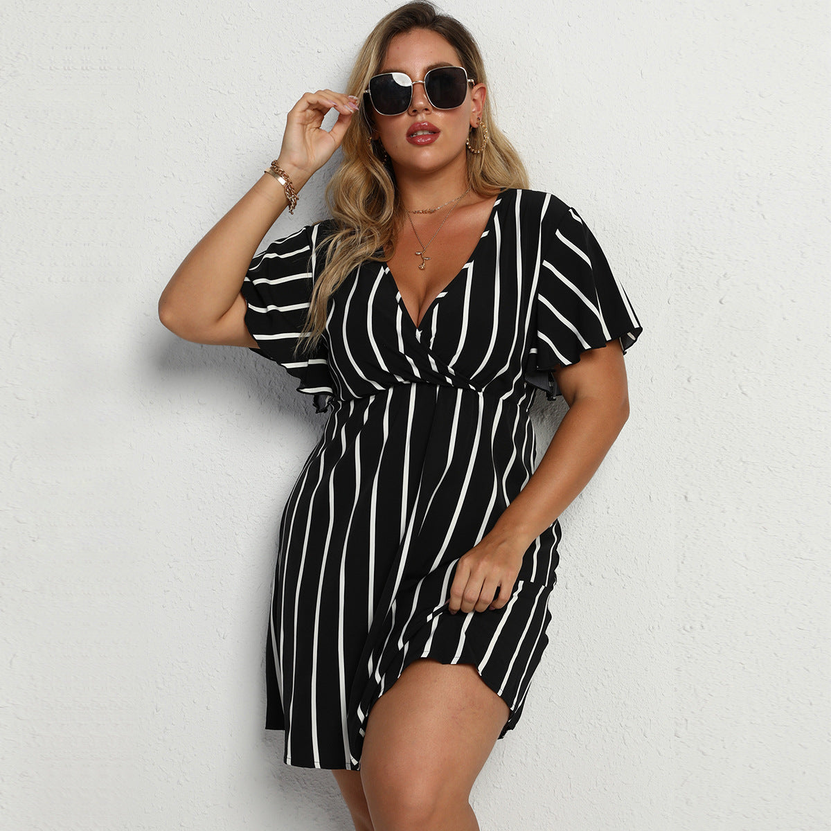 Loose V-Neck Patchwork Striped Dress