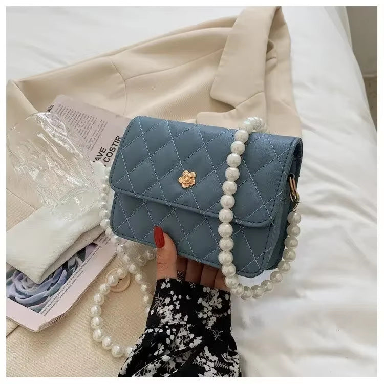 Diamond Grid Pearl Chain Cross-body Bag