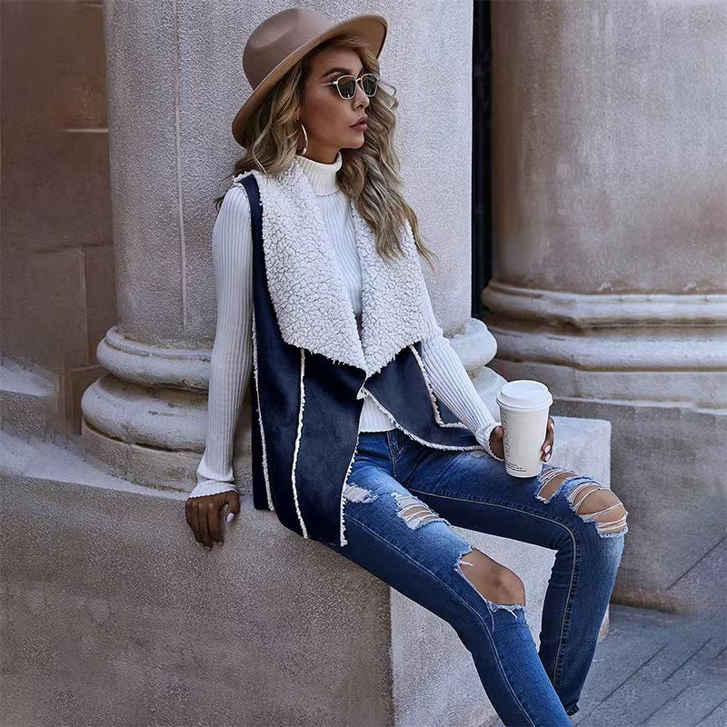 Sleeveless Simple Reverse Large Lapel Suede Vest