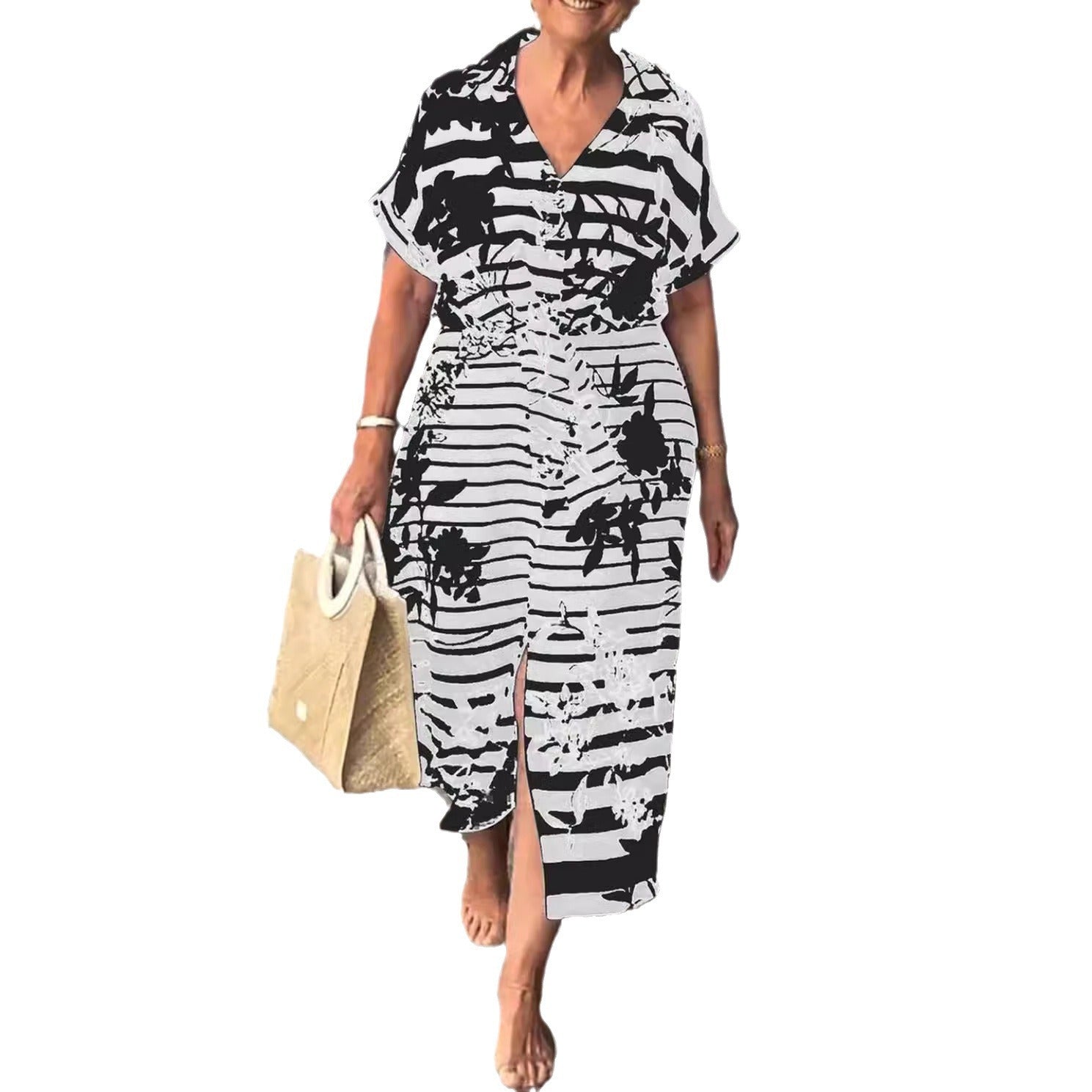 Short Sleeve Belt Slit Hemline Printed Dress