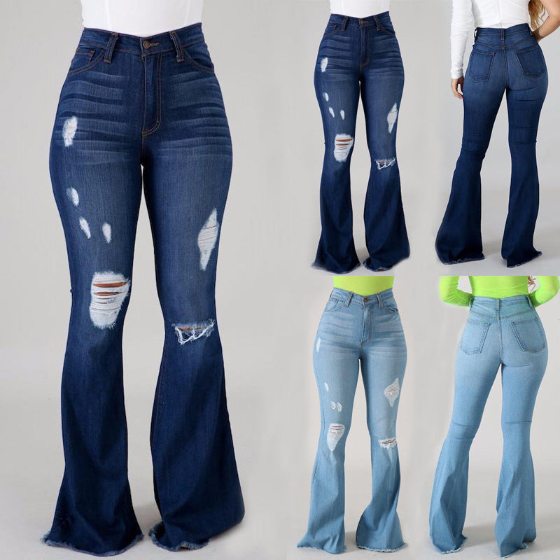 Slim-fit Buttocks Ripped Bell Bottom Jeans