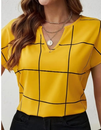 Casual Plaid Print Notched Neck Blouse