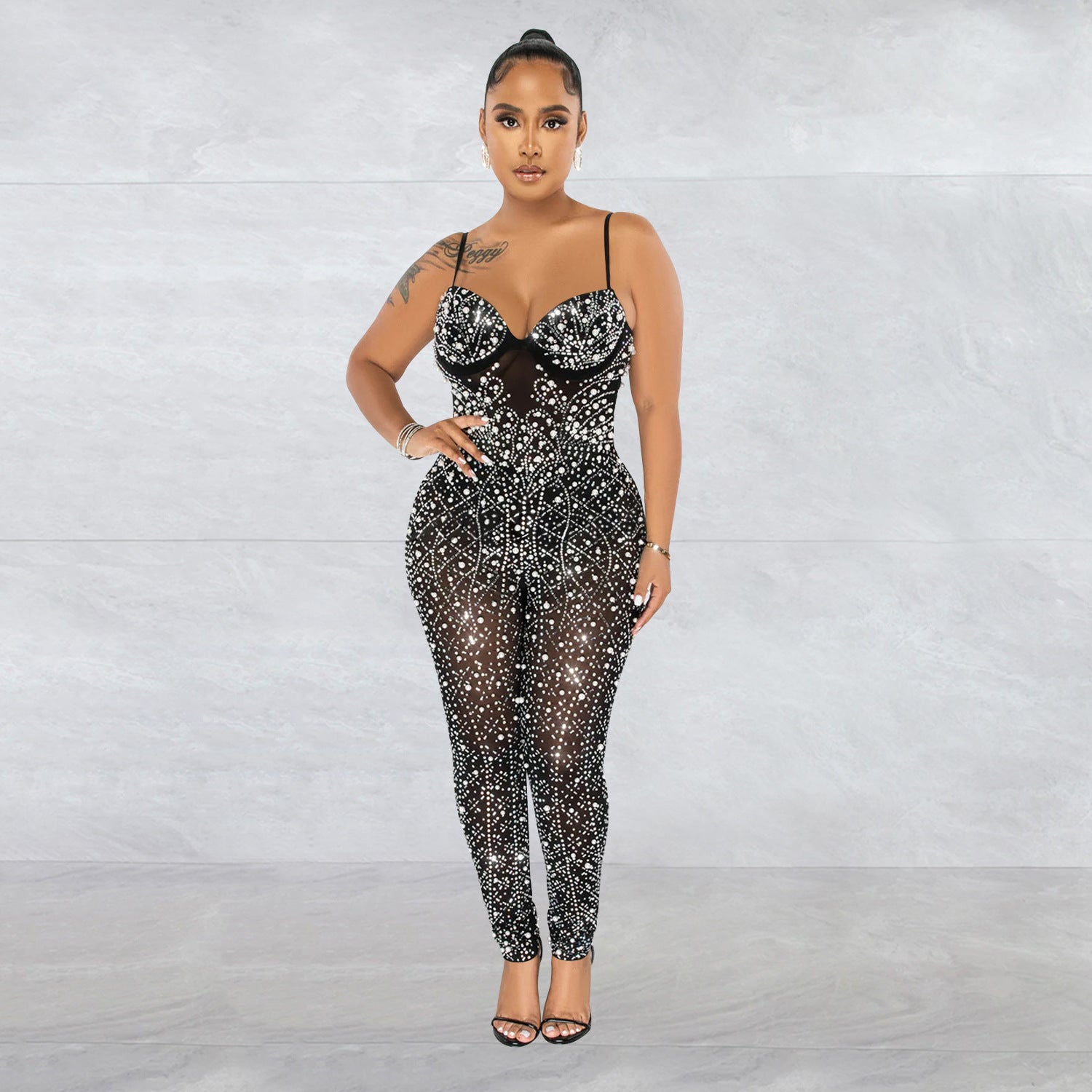 Color Mesh Rhinestone Sleeveless Jumpsuit