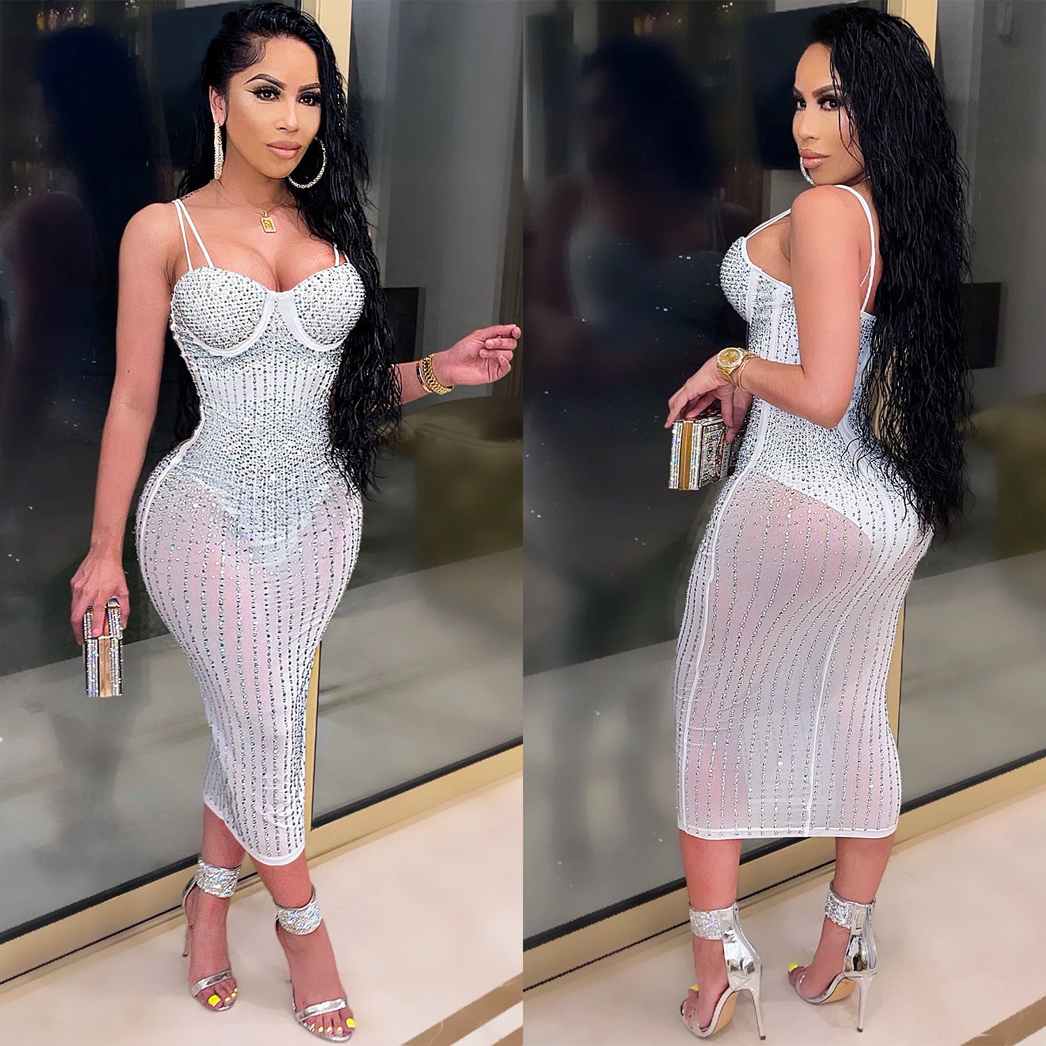 Mesh Perspective Hot and Diamond Sling Dress