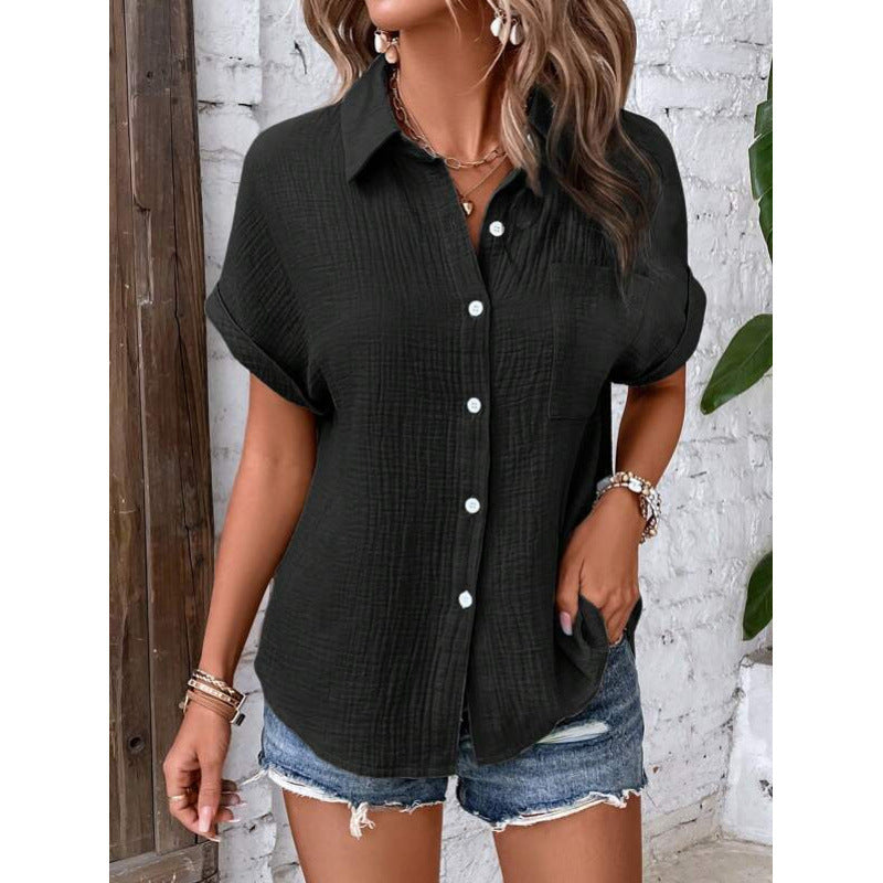 Cotton Solid Color Casual Button Shirt with Pocket