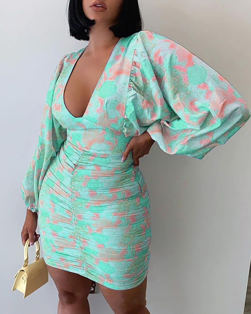 Printed V-Neck Long-Sleeved Dress