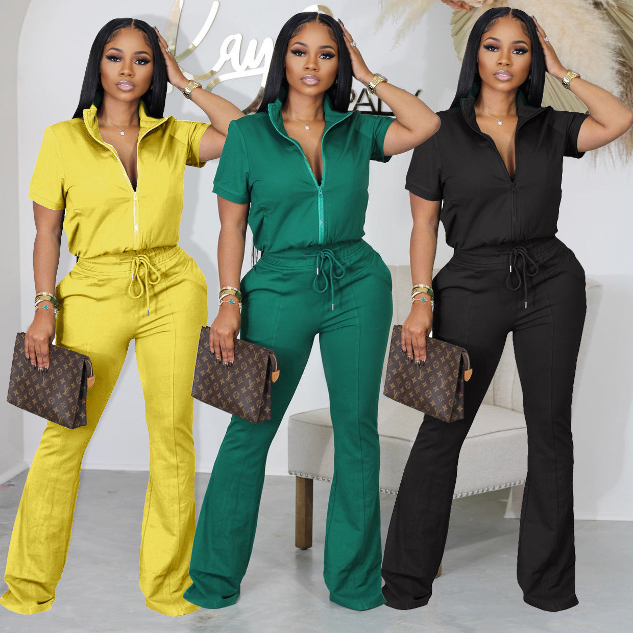 Short Sleeved Zippered Top Flared Casual Pants Set