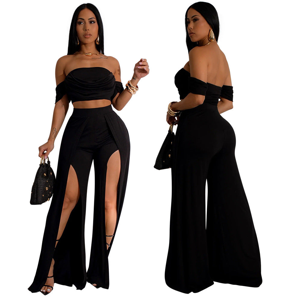Casual Tube Top Split Wide Leg Pants Set