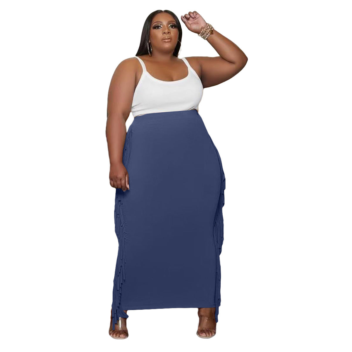 Double-sided Brushed Fabric Fringed Maxi Skirt