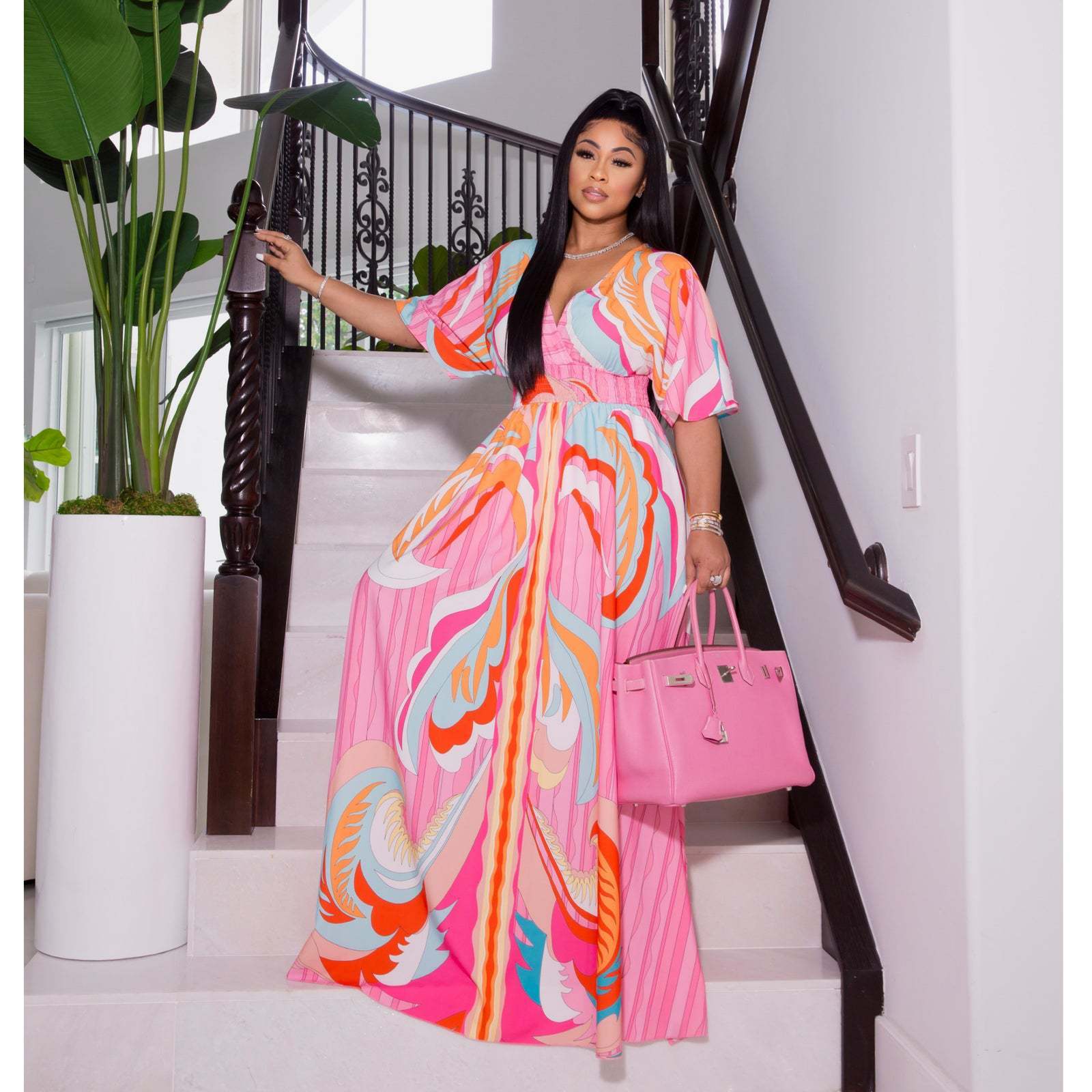 Printed Butterfly Sleeve Large Swing Side Slit Dress
