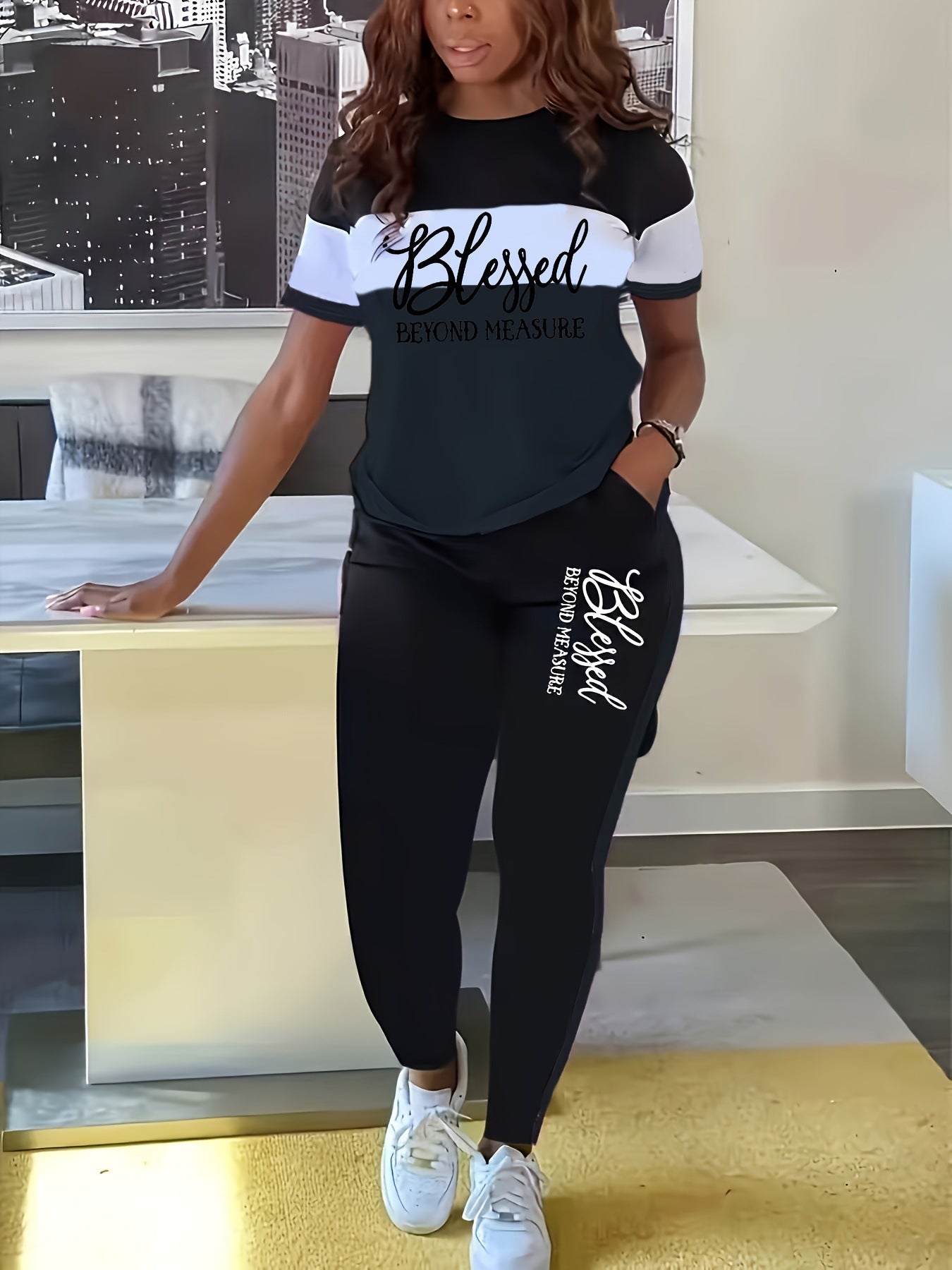Contrast Color Striped Short Sleeve with Wide Leg Pants Set
