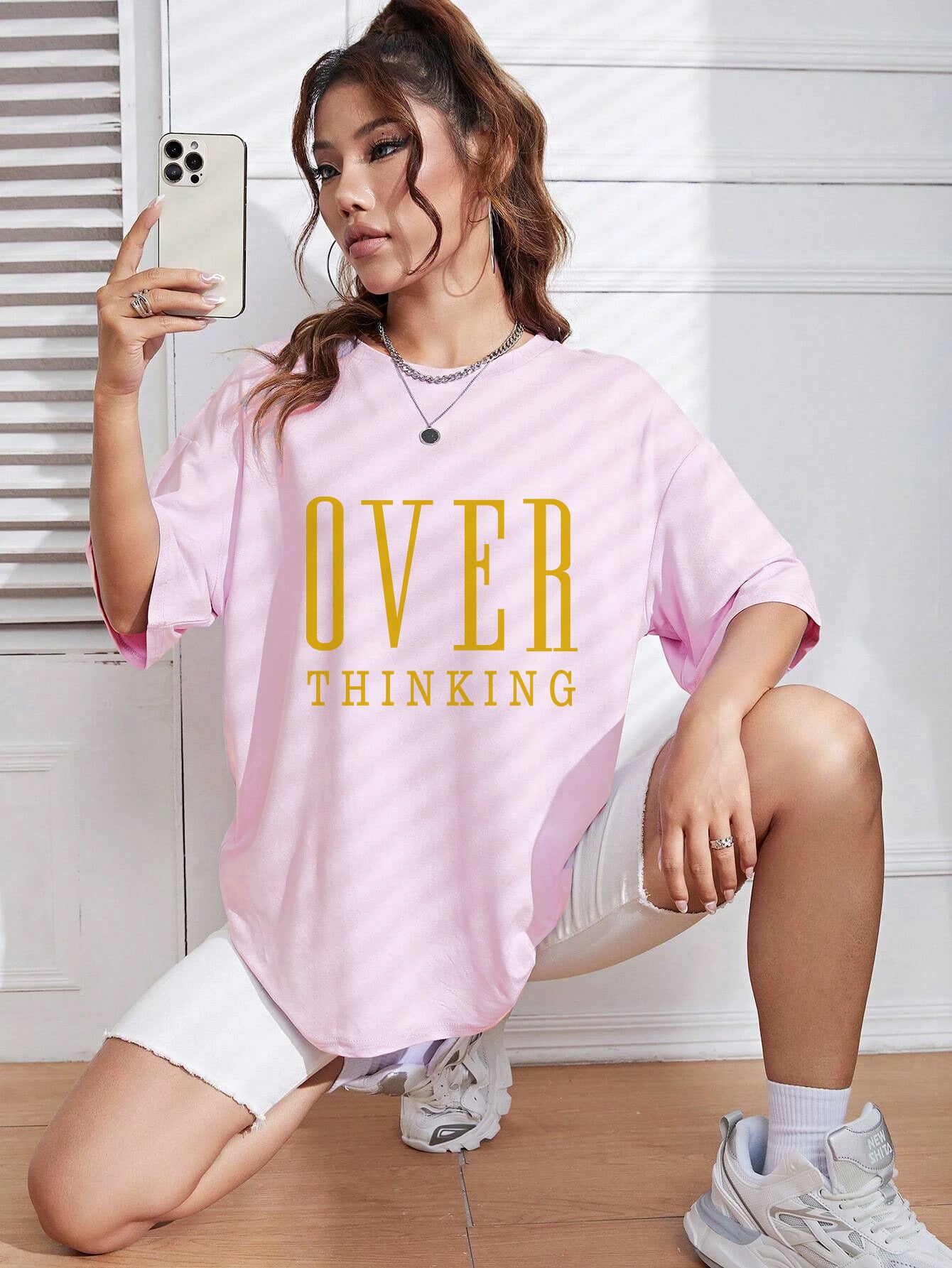 Over Thinking Letter Print Cotton Short Sleeve Top