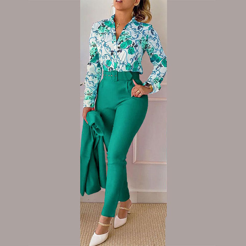 Elegant Printed Trousers Long Sleeve Pant Set