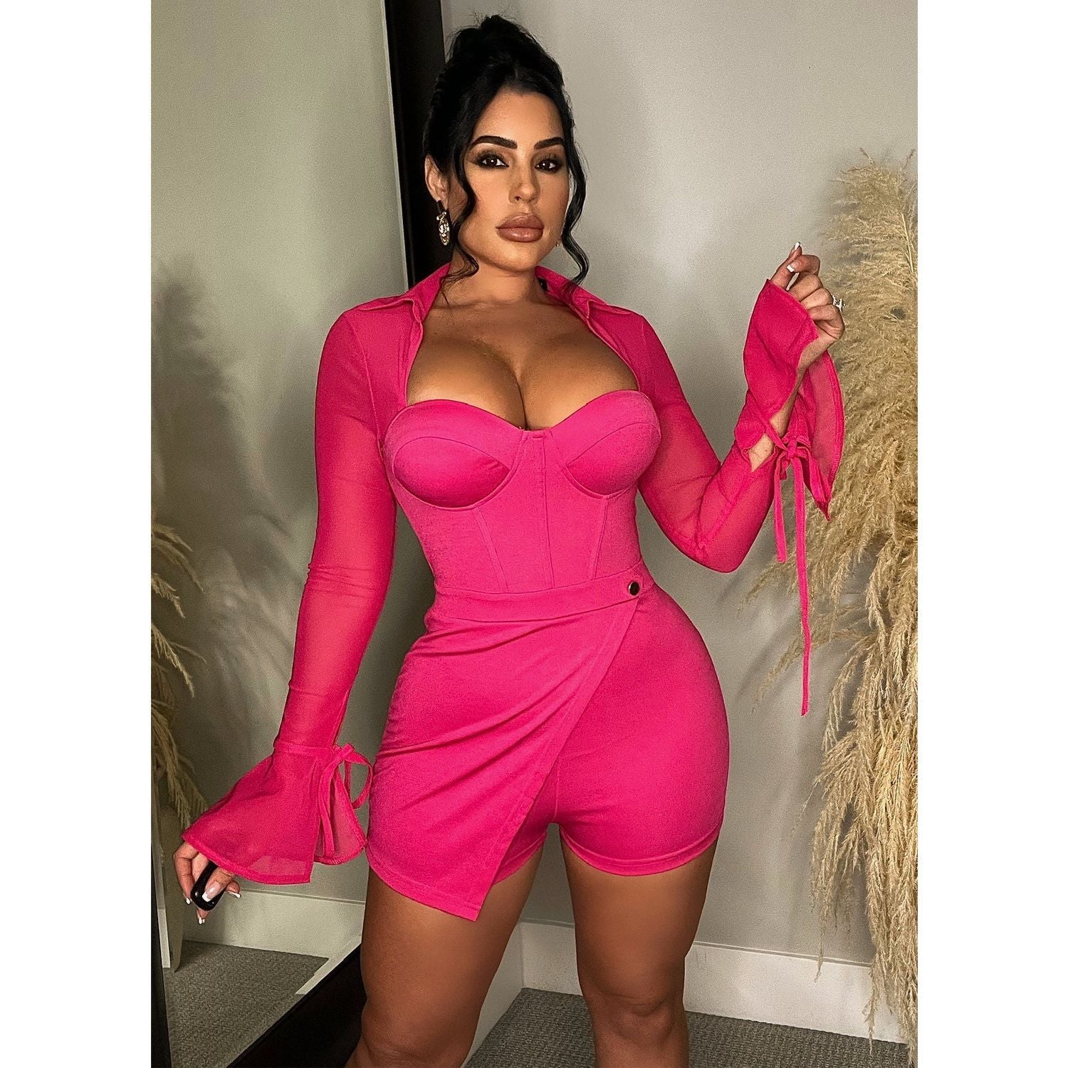 Mesh See-through Bell Sleeve Jumpsuit