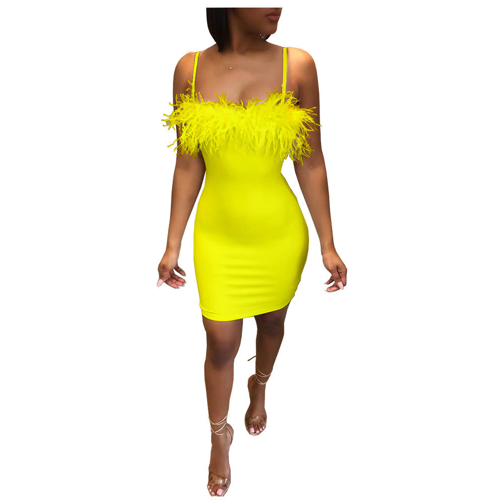 Feather Suspenders Fitted Dress
