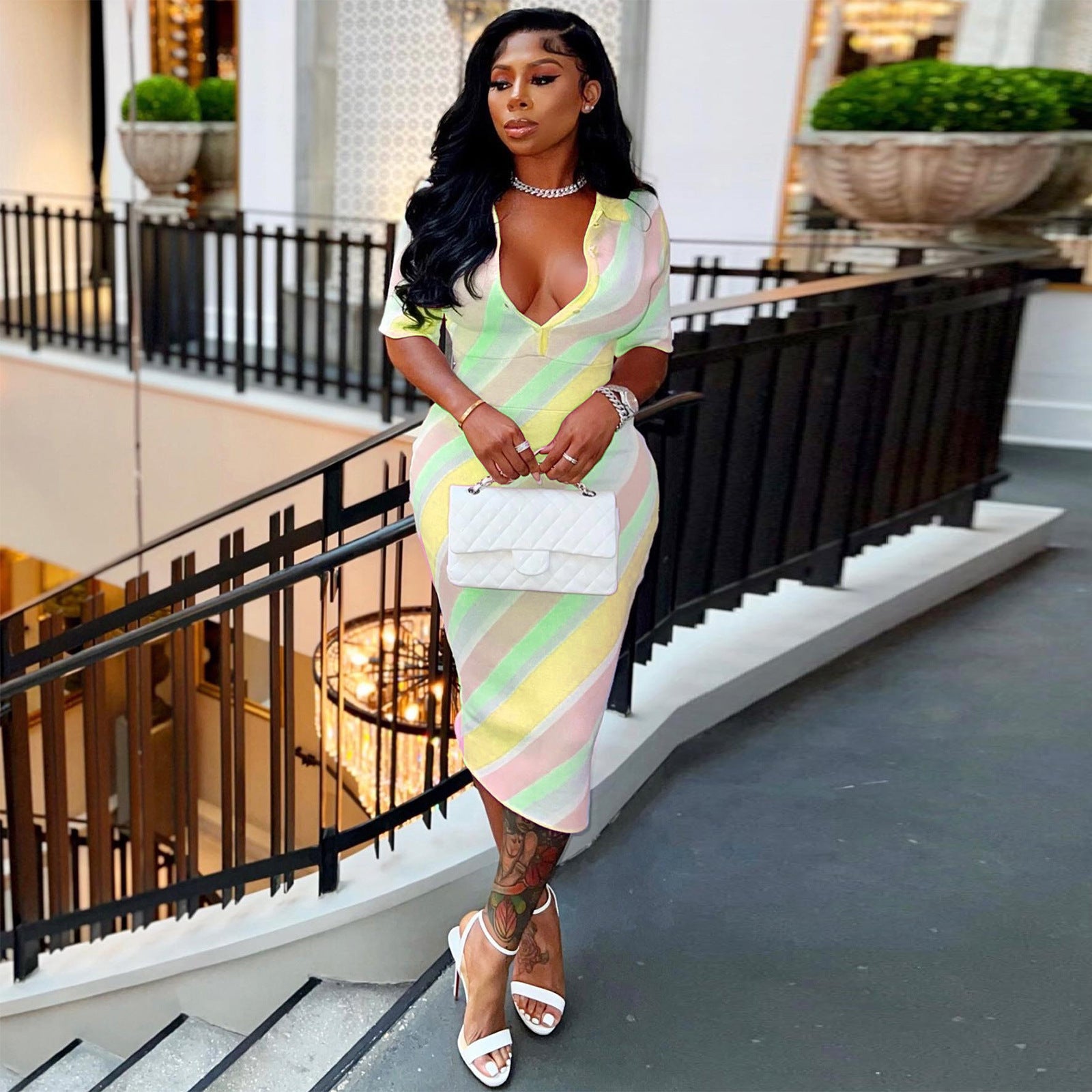 Digital Stripe Color Contrast Positioning Print Tight V-neck Dress