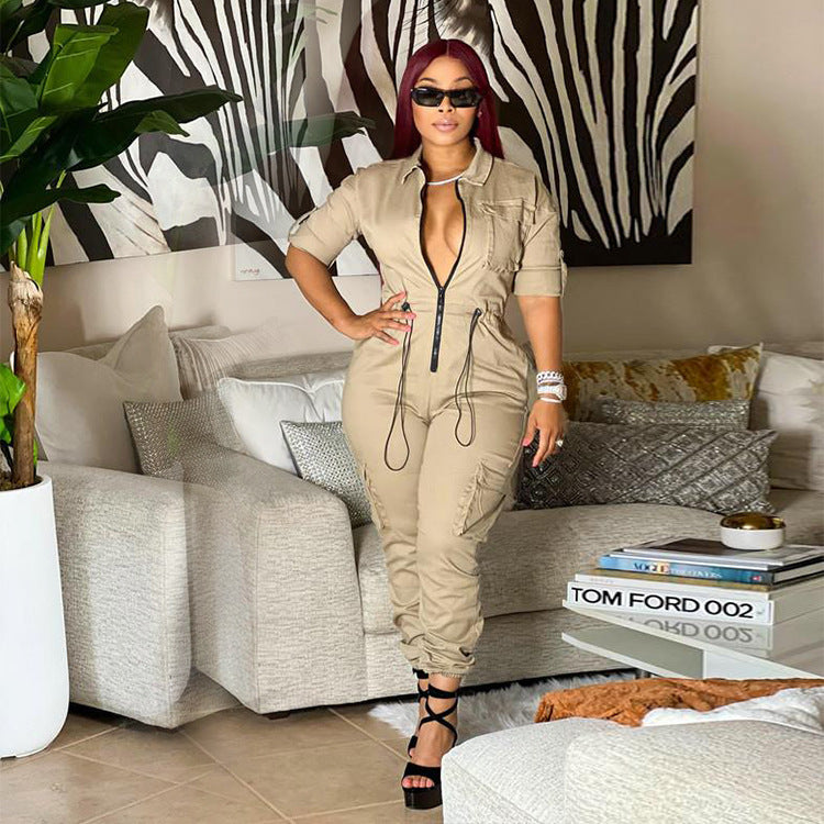 Multi-pocket Tight Waist One-piece Jumpsuit