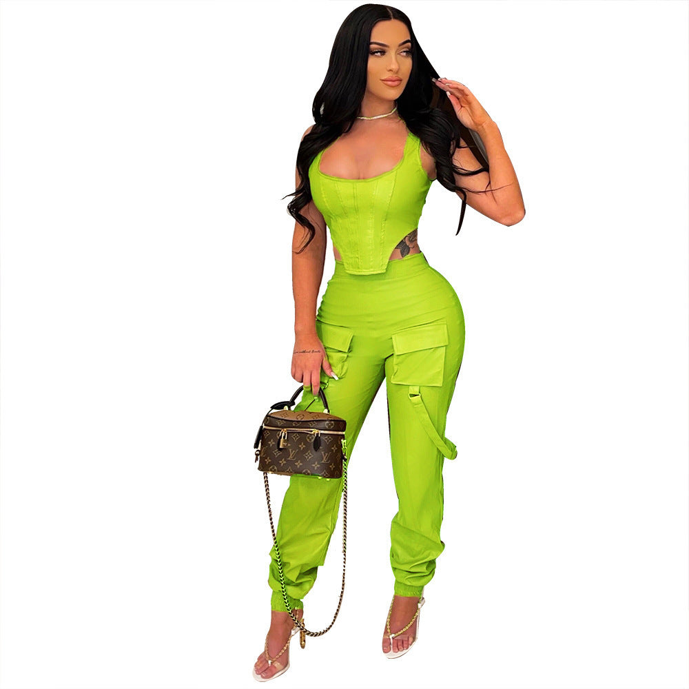Solid Color Sleeveless Two Pc Pant Set