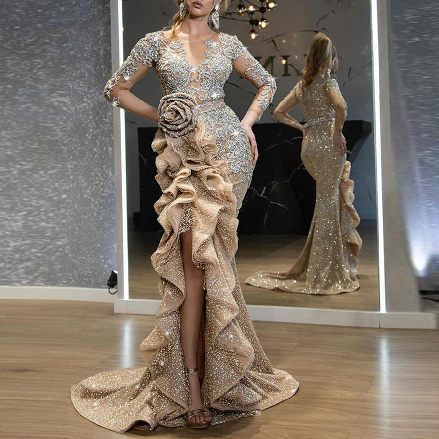 Gold Sprinkle Trailing Party Dress