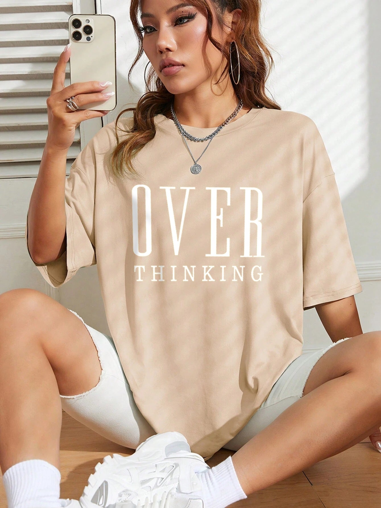 Over Thinking Letter Print Cotton Short Sleeve Top