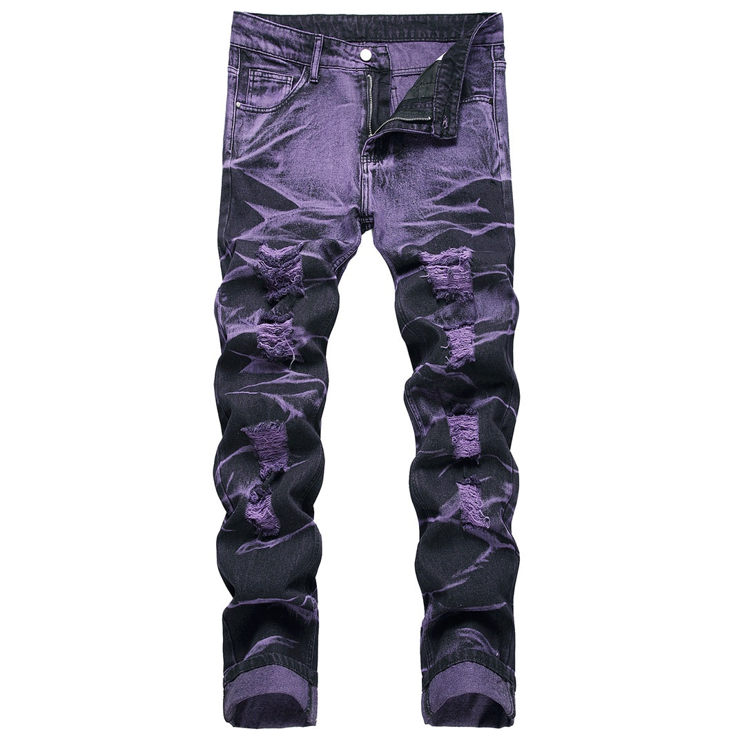 Purple And Black Fried Ripped Denim