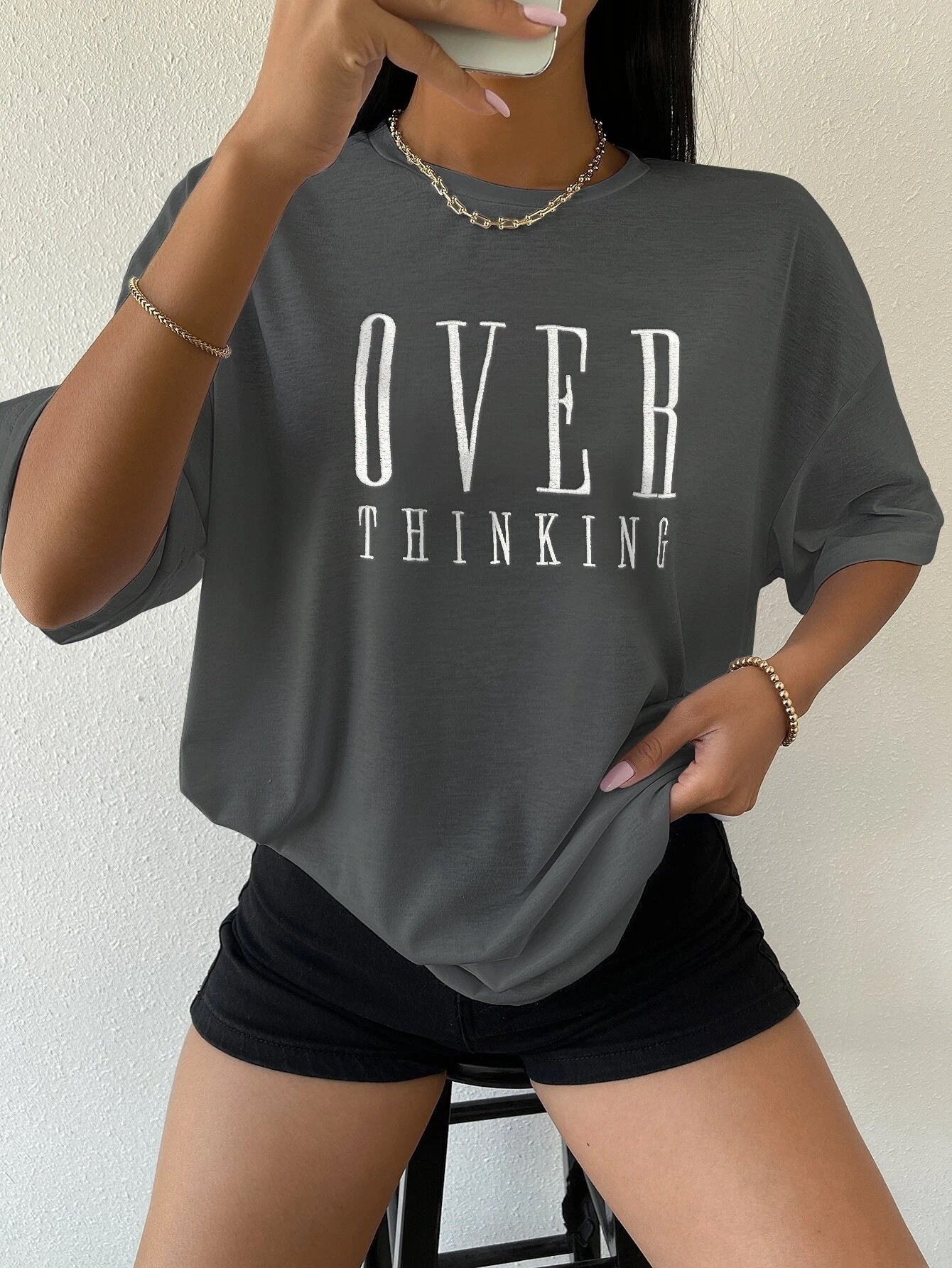 Over Thinking Letter Print Cotton Short Sleeve Top