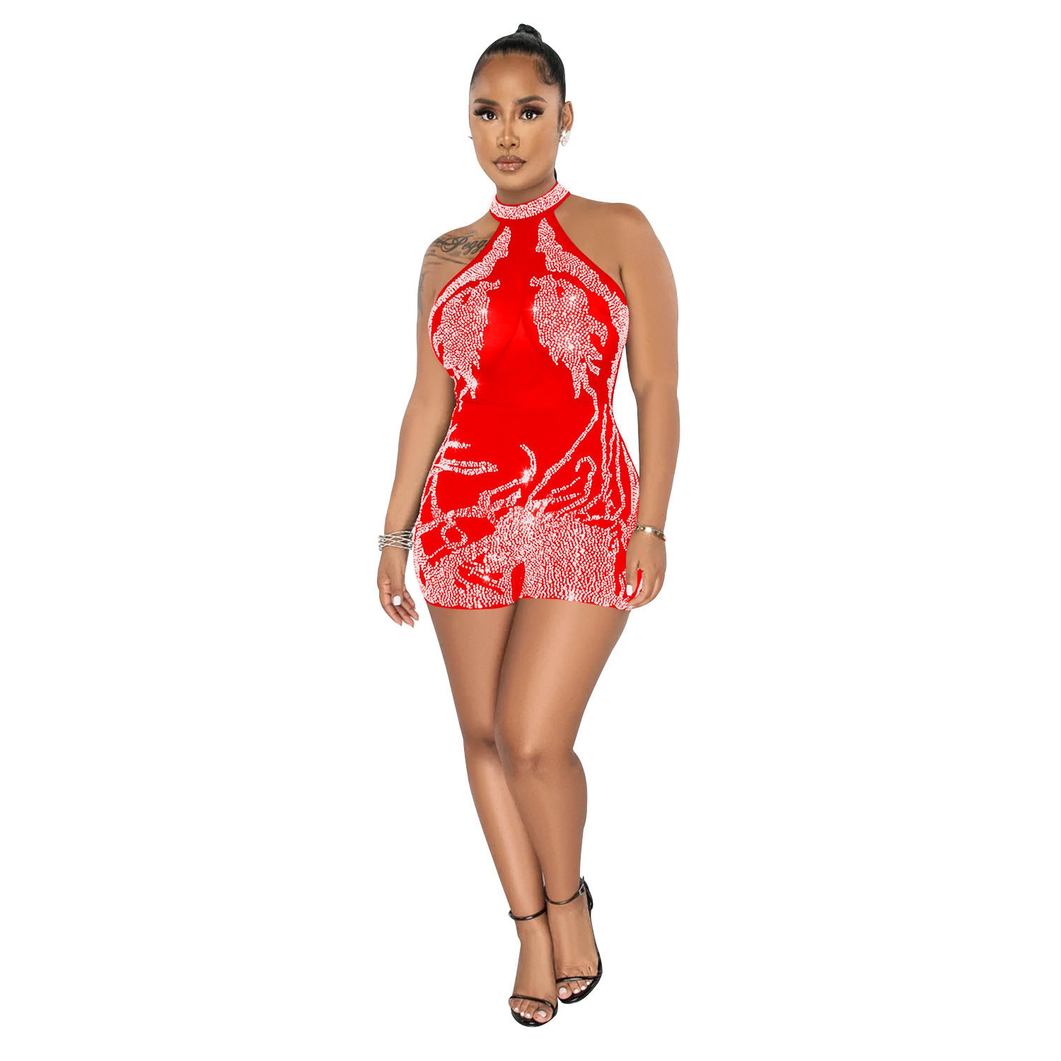 Skinny Mesh Rhinestone Romper