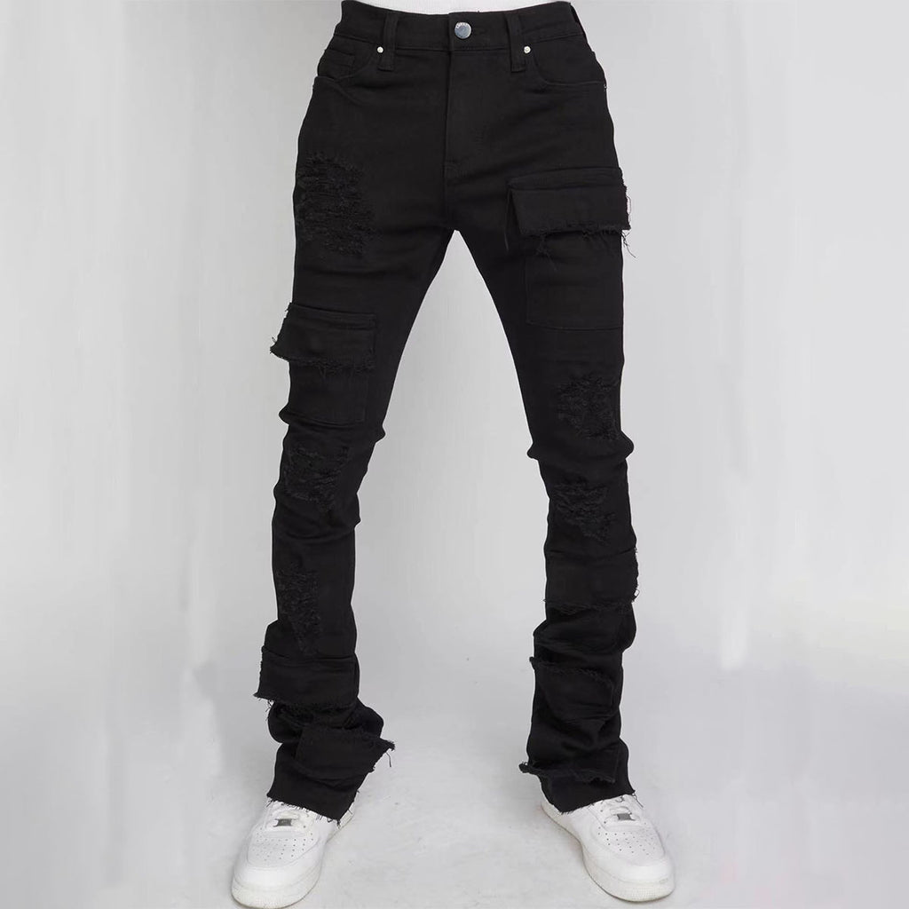 Straight-leg Overalls Stretch Ripped Laminated Micro-Pull Pants