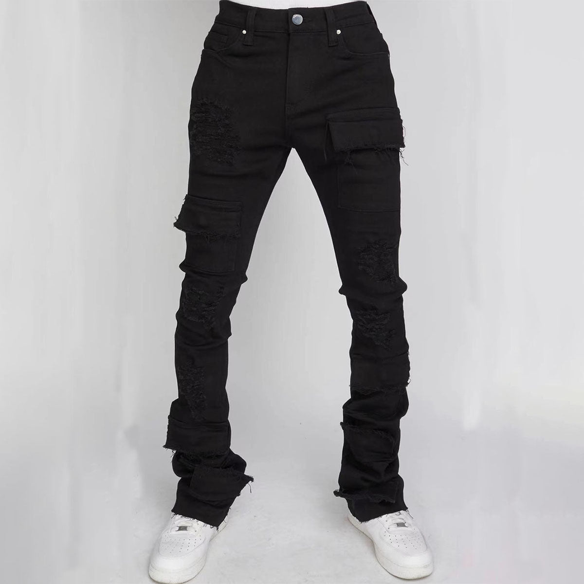 Straight-leg Overalls Stretch Ripped Laminated Micro-Pull Pants