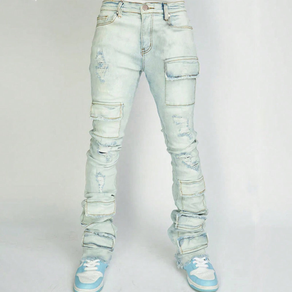 Straight-leg Overalls Stretch Ripped Laminated Micro-Pull Pants