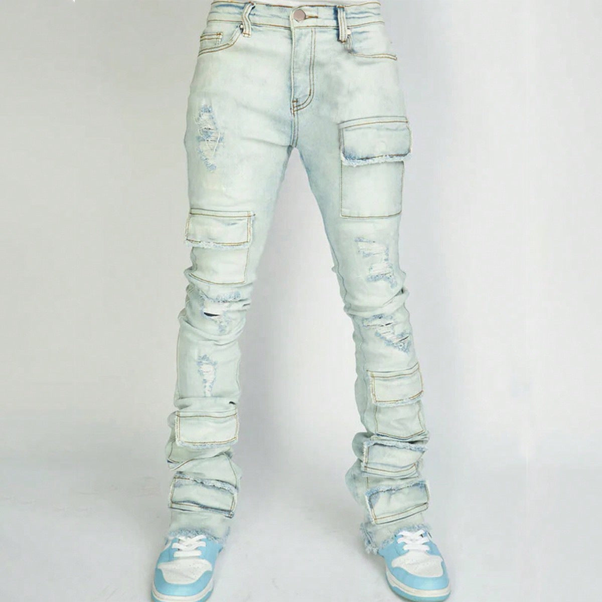 Straight-leg Overalls Stretch Ripped Laminated Micro-Pull Pants