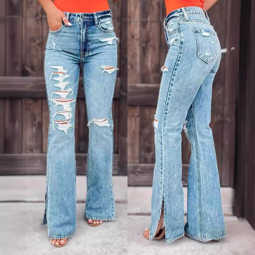 High Waist Ripped Slightly Stretch Split Jeans