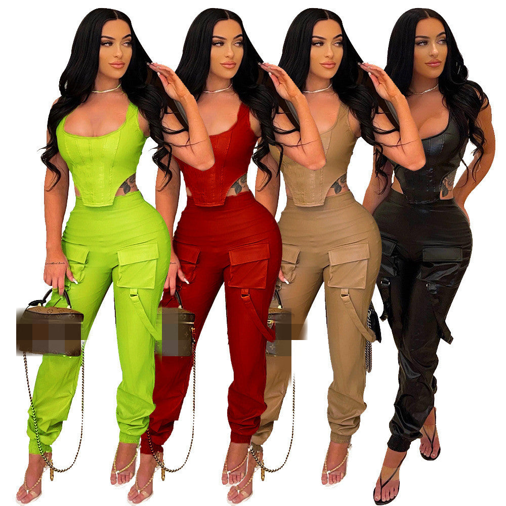 Solid Color Sleeveless Two Pc Pant Set