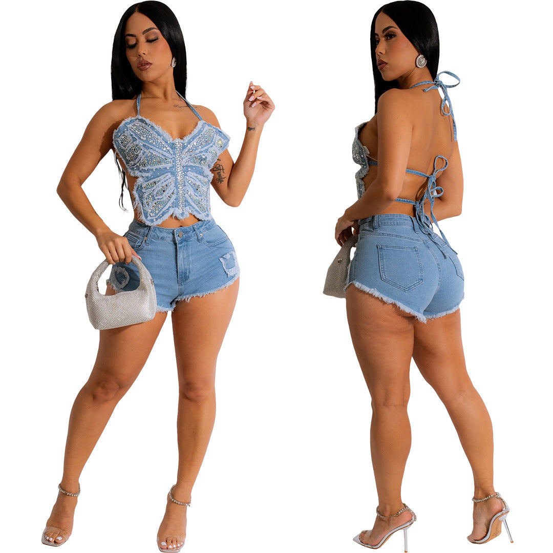 Rhinestone Butterfly Strap Washing Irregular Short Set