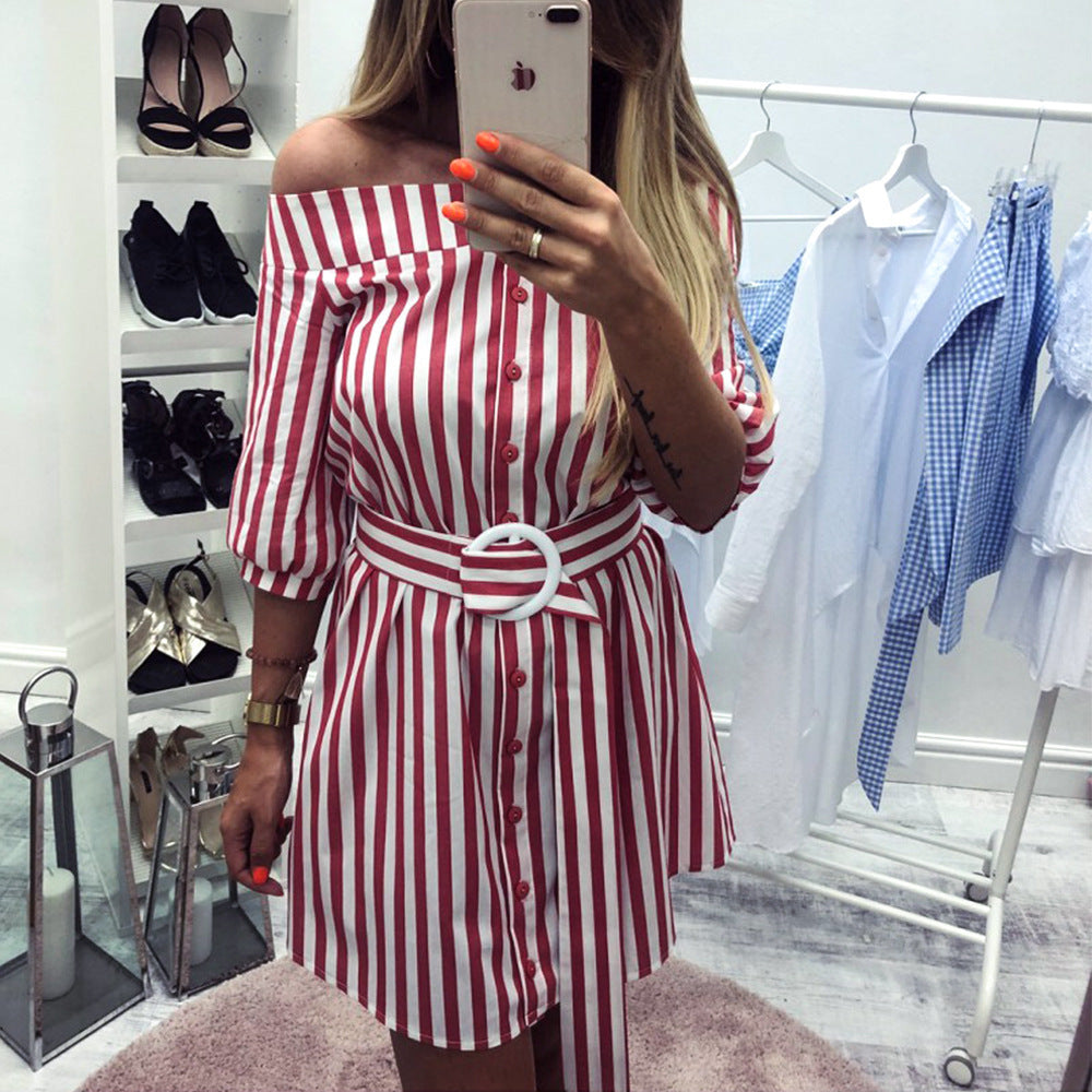 Off-neck Middle Sleeve Casual Single-breasted Dress