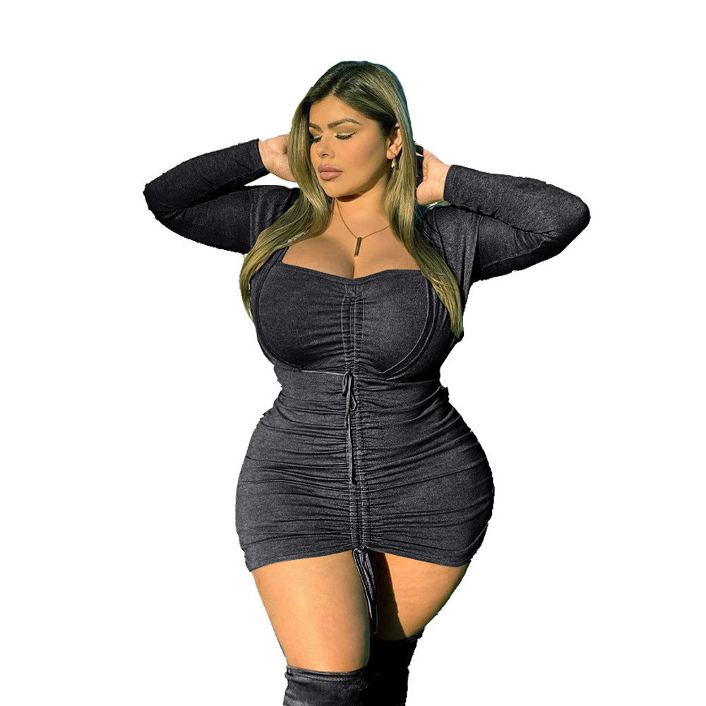 V-neck Short Solid Color Plus Size Tight Dress