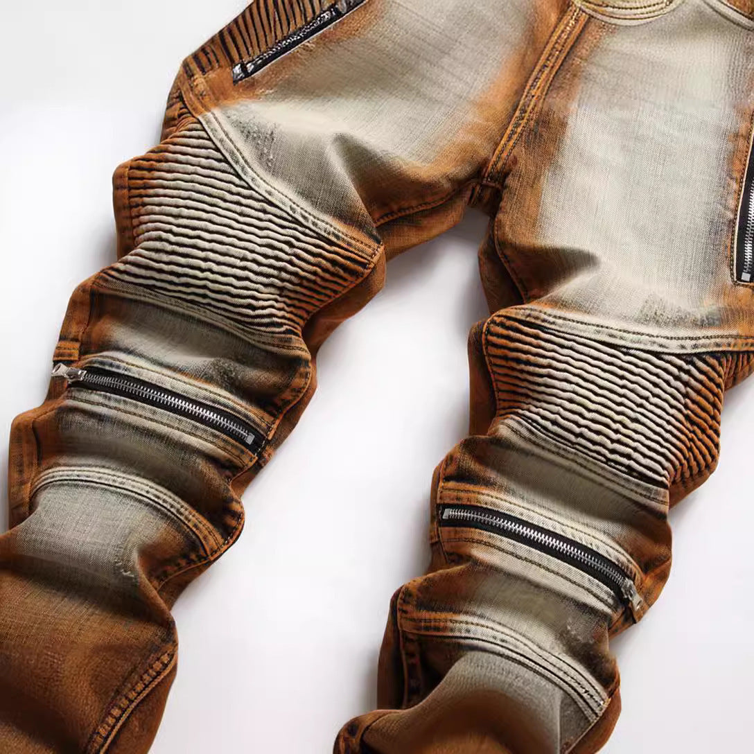 Motorcycle Stretch Zipper Dyed Fashion Skinny Jeans