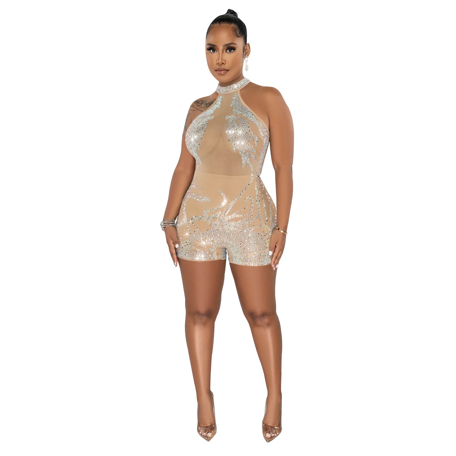 Skinny Mesh Rhinestone Romper