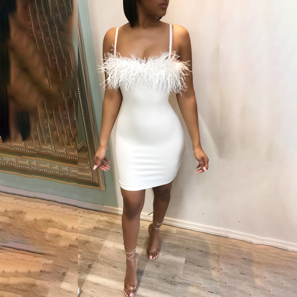 Feather Suspenders Fitted Dress