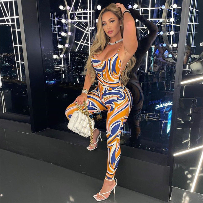 Printed Halter Strap High Waist Bodysuit