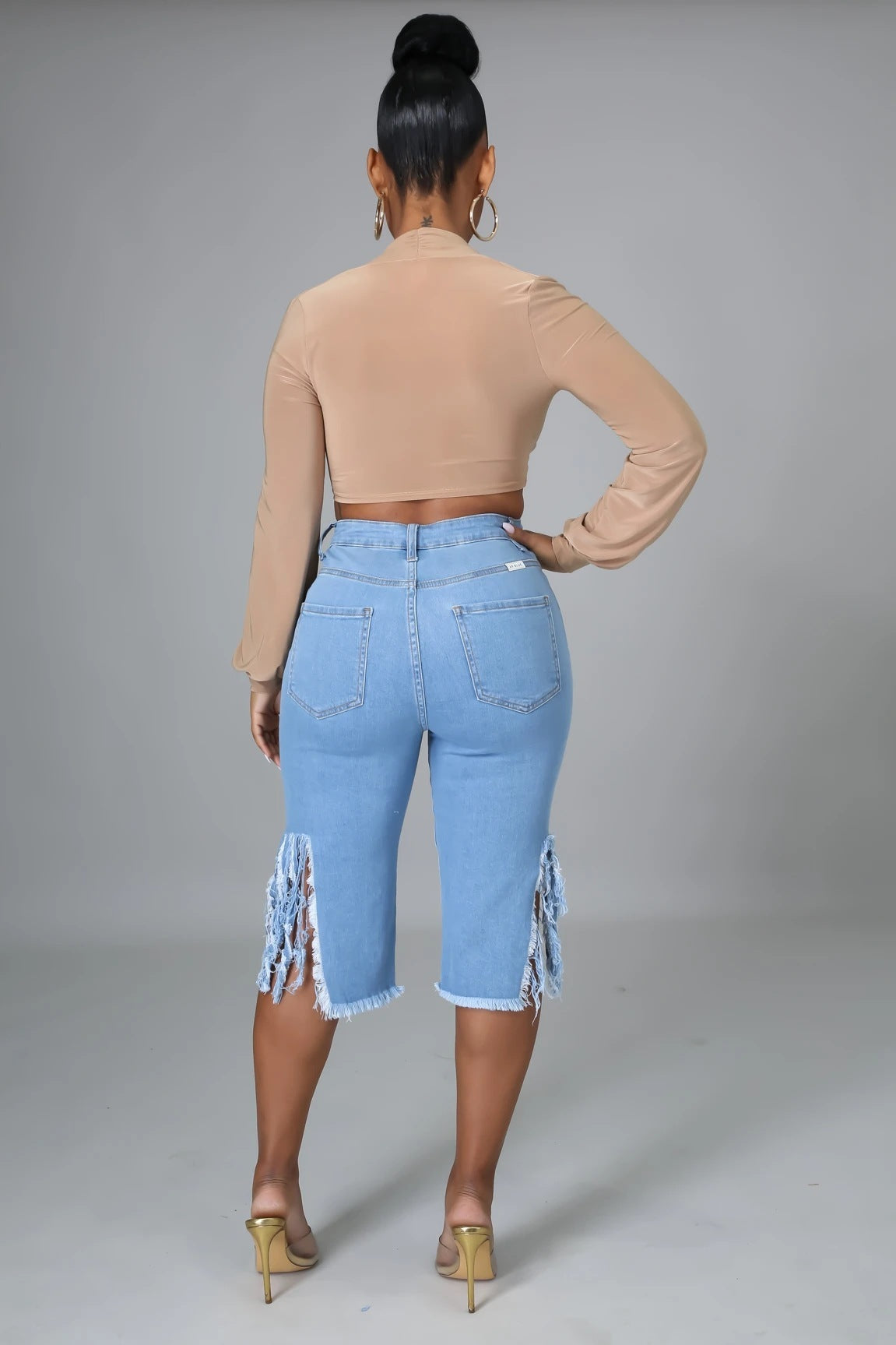 Stylish Ripped Elastic Fringed Jeans High Waist Knee-length Casual Slim Fit