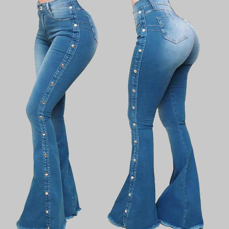 High Waist Stretch Flared w/Side Buttons