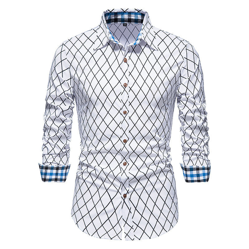 Contrast Color Long-sleeved Diamond Check Button Shirt