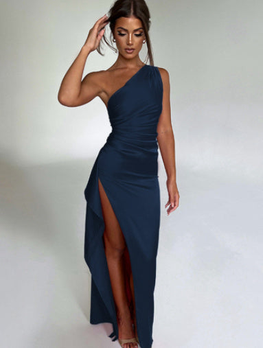 One-Shoulder Satin Backless Slit Dress