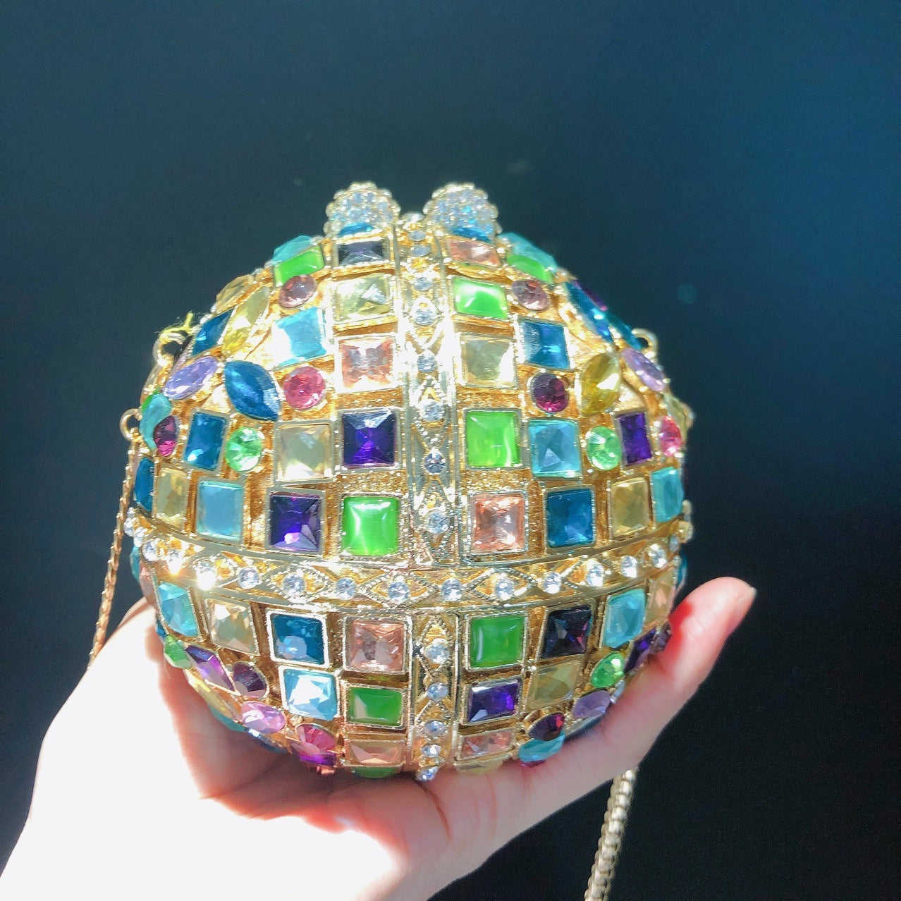 Multicolored Glass Rhinestone Round Ball Bag with an Empty Diamond