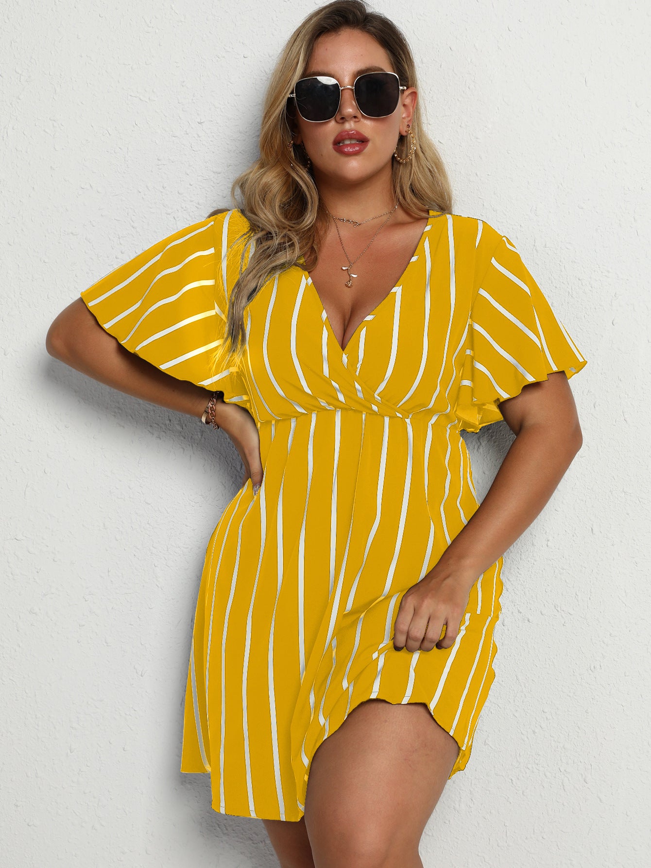 Loose V-Neck Patchwork Striped Dress