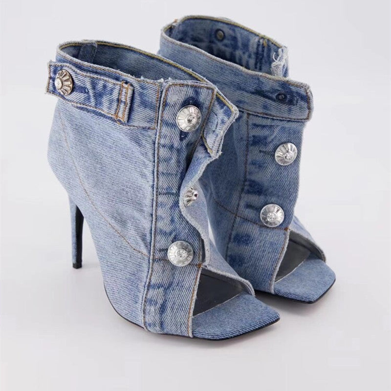 Rivets Denim Short Ankle Heels